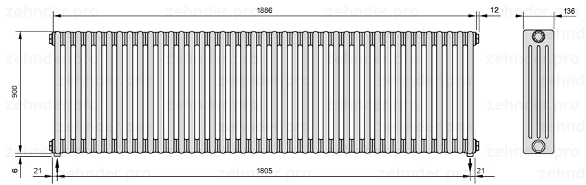 Схема (чертеж) Радиатор Zehnder Charleston 4090/41 №3570 Белый глянцевый RAL 9016